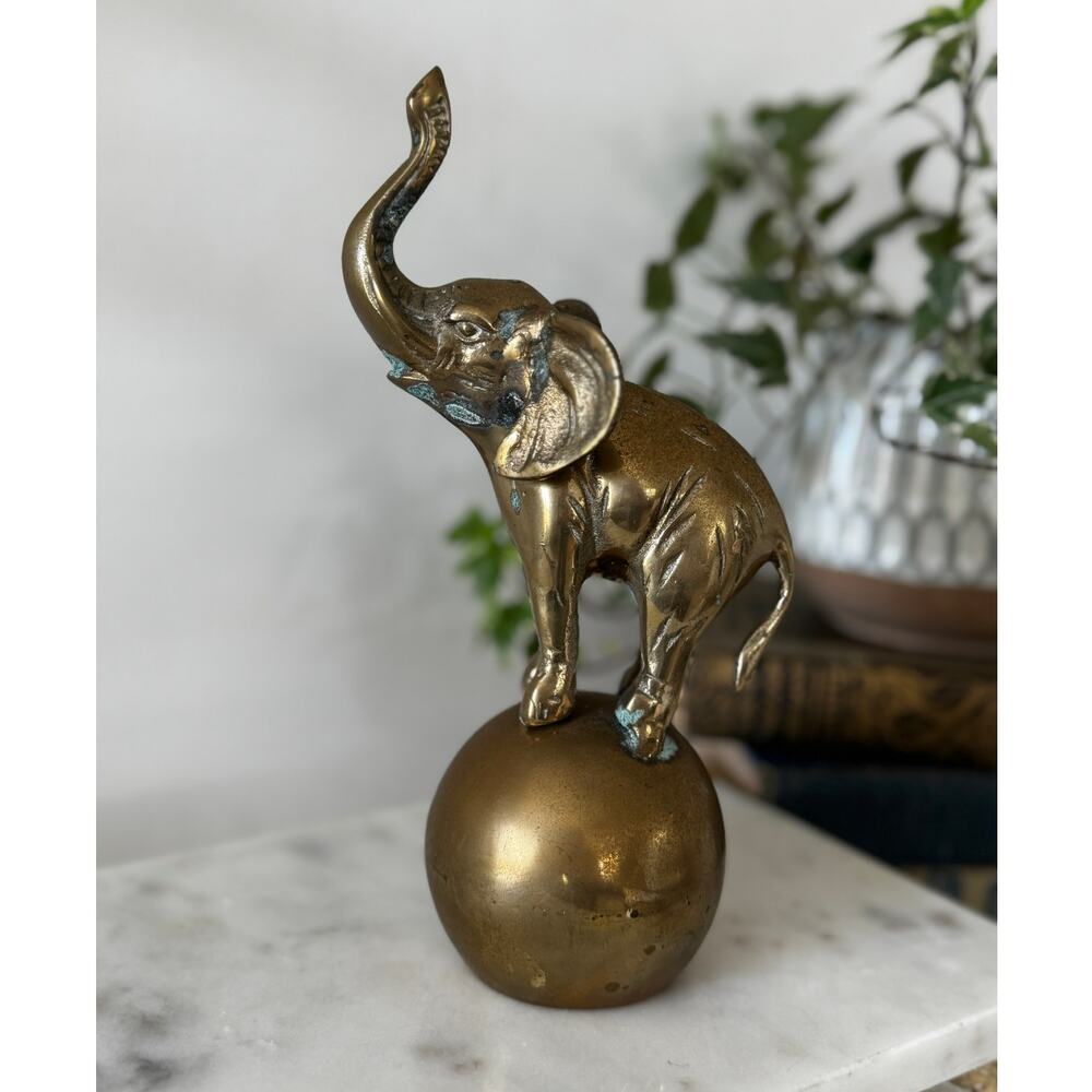 Vintage Brass Elephant on Ball Statue Mid Century Safari Decor - Picture 2 of 8